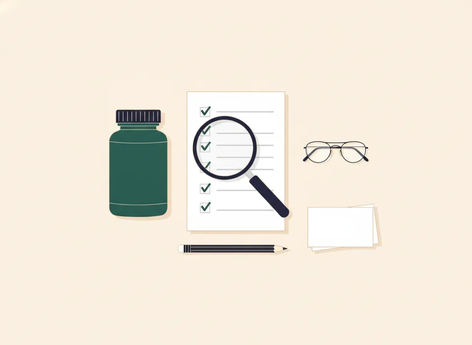 Illustration of a research desk: a magnifying glass over a checklist next to an unlabeled supplement bottle