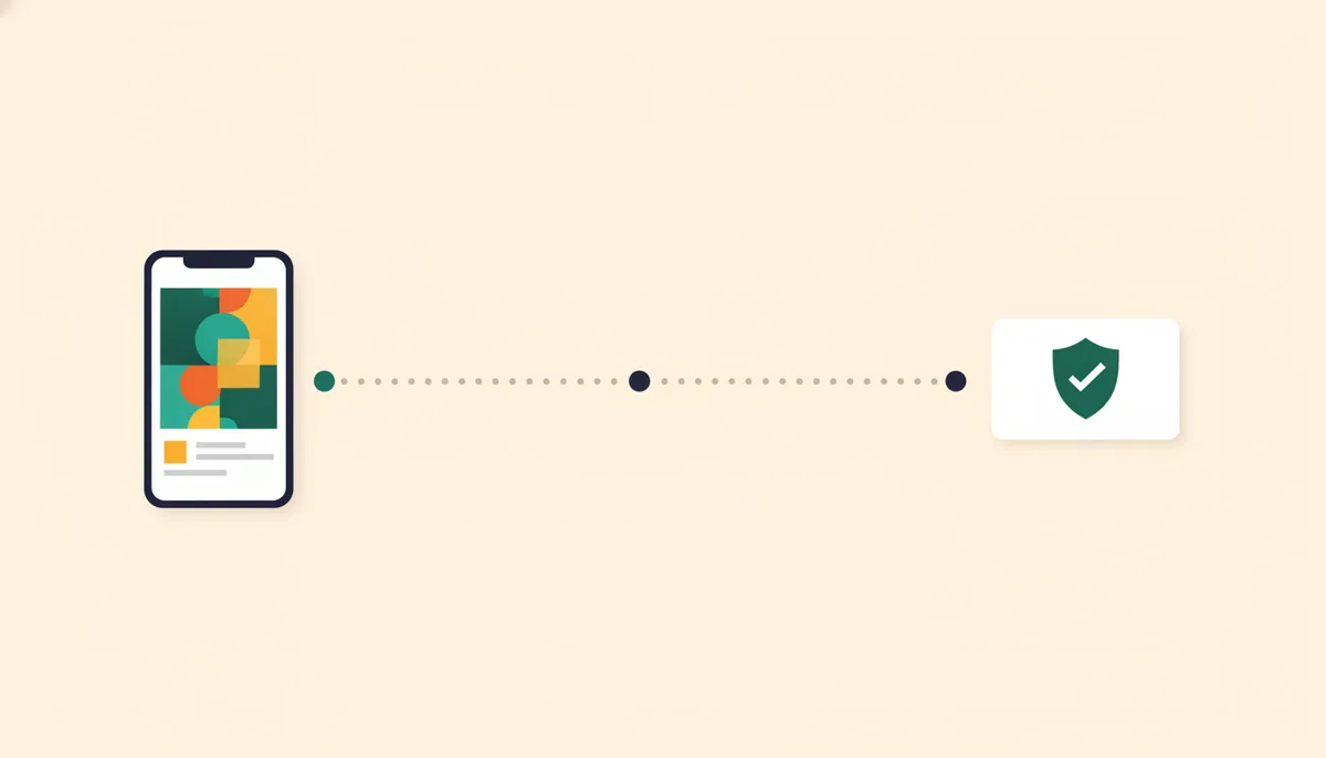 Illustration of a dotted trail from a phone showing an ad to a verified checkout card